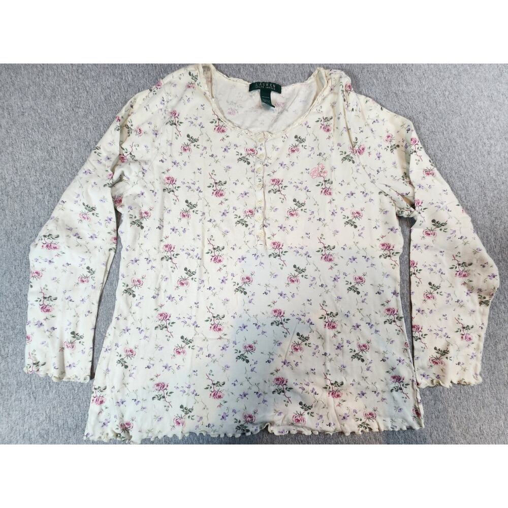 Lauren Ralph Lauren Floral Henley Top XL Cottagecore Cotton Long Sleeve monogram